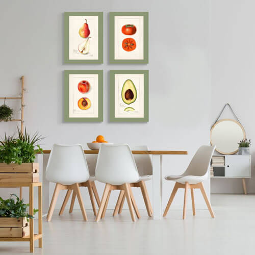 Vintage Watercolor 4-piece set, avocado, persimmon, pear and peach kitchen art home decor| FREE USA SHIPPING | www.WallArt.Biz