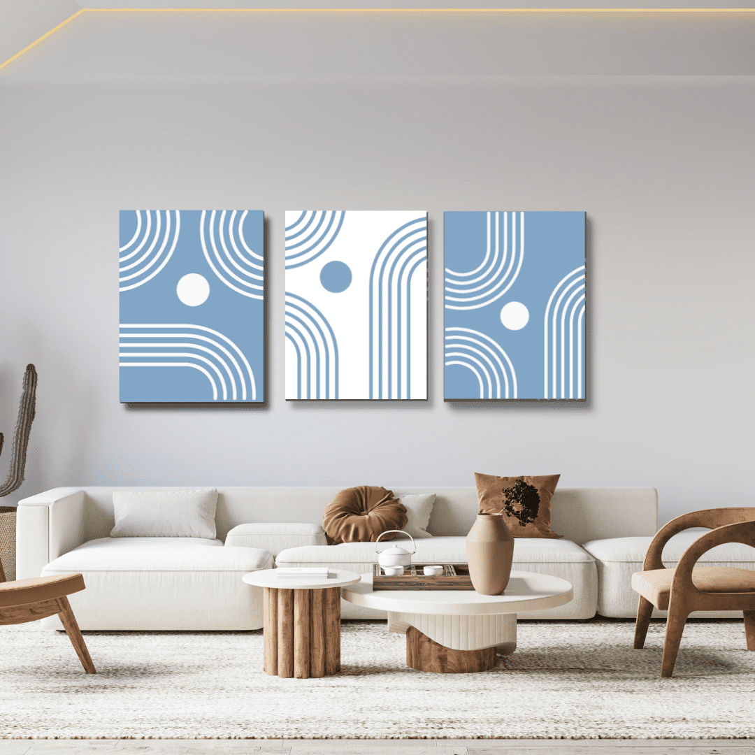 White and Blue Geometric living room wall art | free usa shipping | wallart.biz