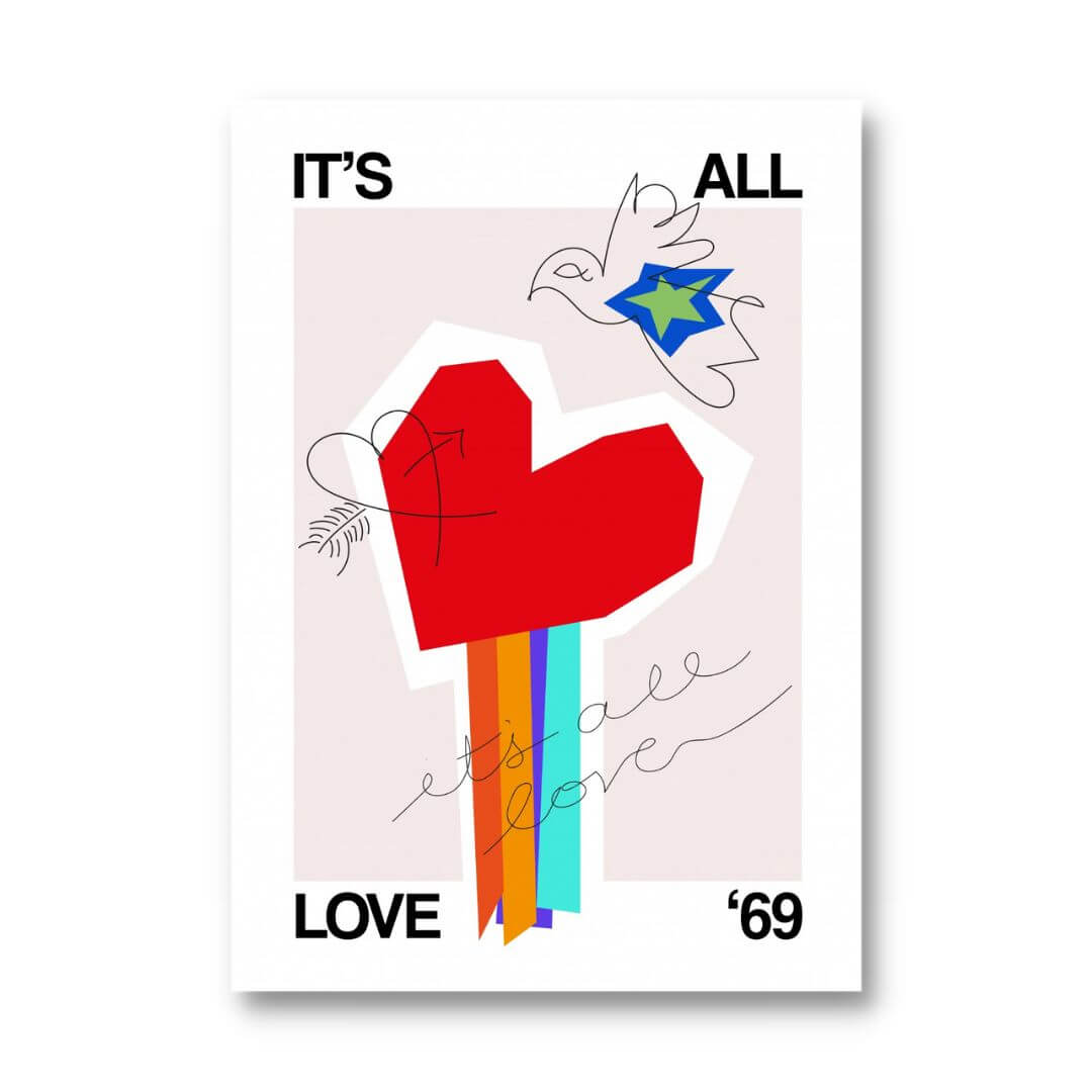It's All Love '69 heart Greige By Frances Collett FREE UK & USA SHIPPING - WallArt.Biz