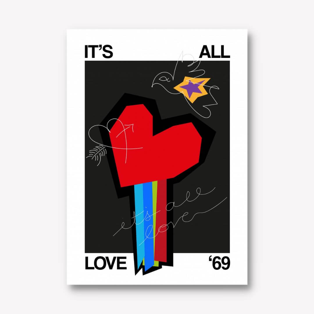 It&#39;s All Love &#39;69 heart Grey By Frances Collett FREE UK &amp; USA SHIPPING - WallArt.Biz