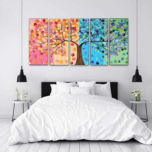 Multi-Color 5-Panel Tree Painting above bed | Free USA Shipping | WallArt.Biz