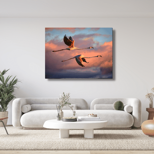 Flamingos Flying at Sunset living room art | FREE USA &amp; UK SHIPPING | WallArt.Biz