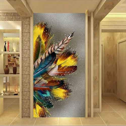Large Living Room Wall Art | Golden Feathers on Gray Background