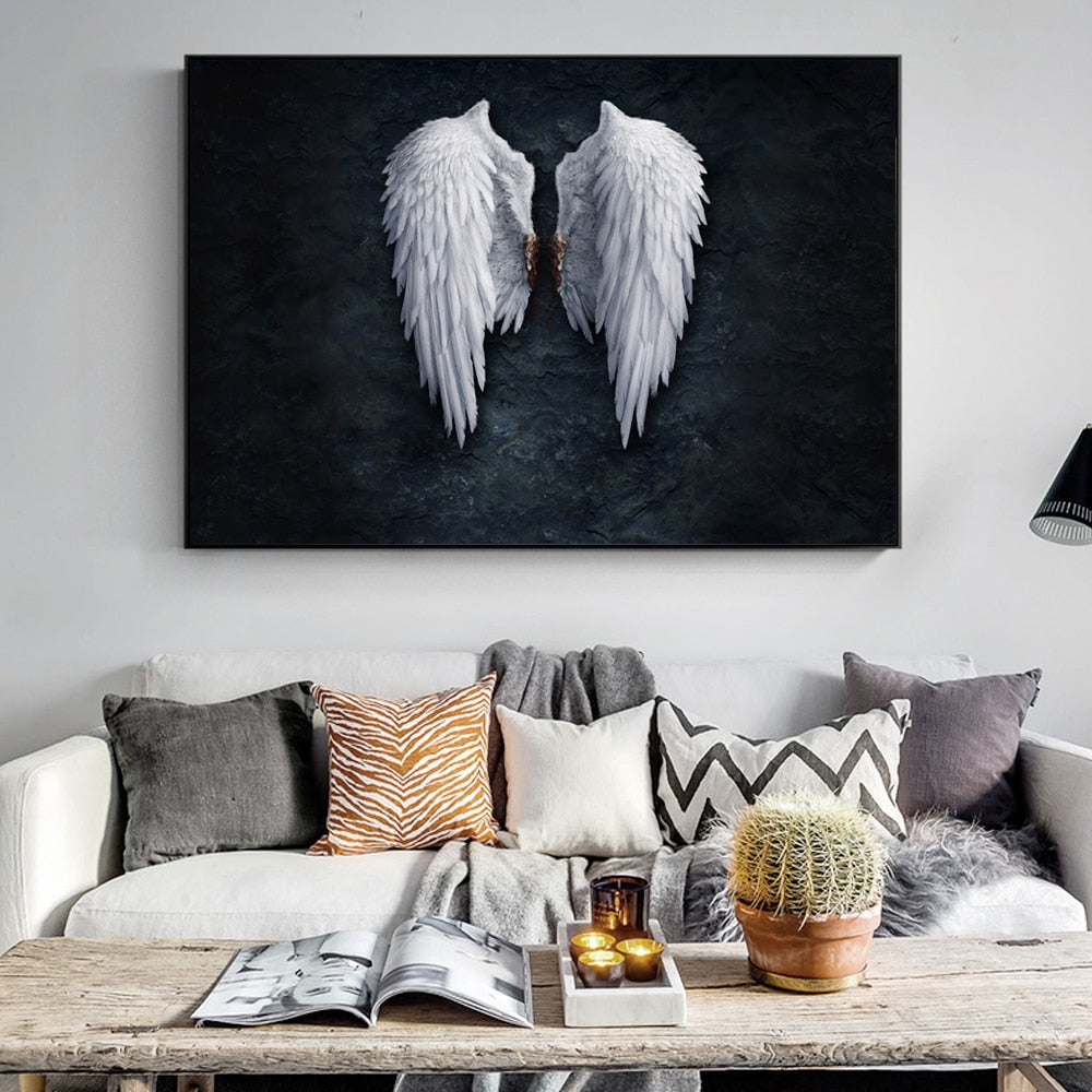 Large Angel wIngs above living room sofa