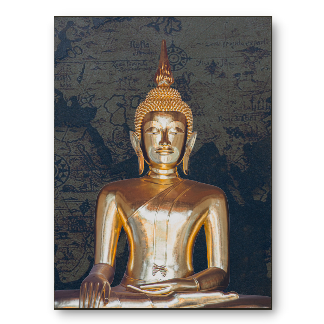 Golden Buddha Wall Art on Vintage Map