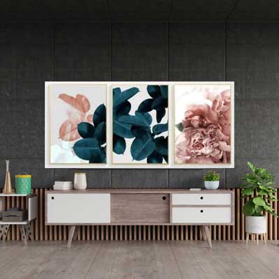 Living Room Floral Print - 3-piece set wall Art | Black &amp; Pink Leaves